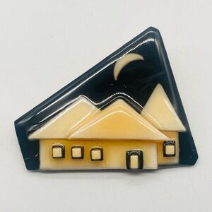 House Pins by Lucinda Cottage Moon Brooch Resin Handcrafted Night Scene 2.25"